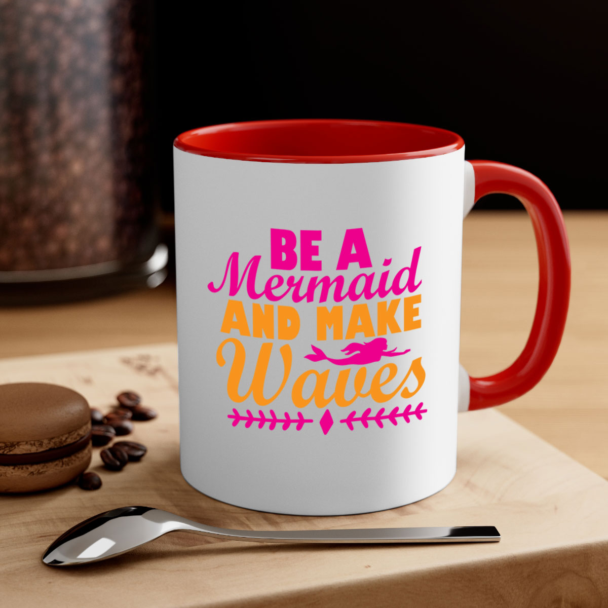 Be A Mermaid And Make Waves Mug with colorful handle and interior, showcasing a glossy finish and two-tone design.