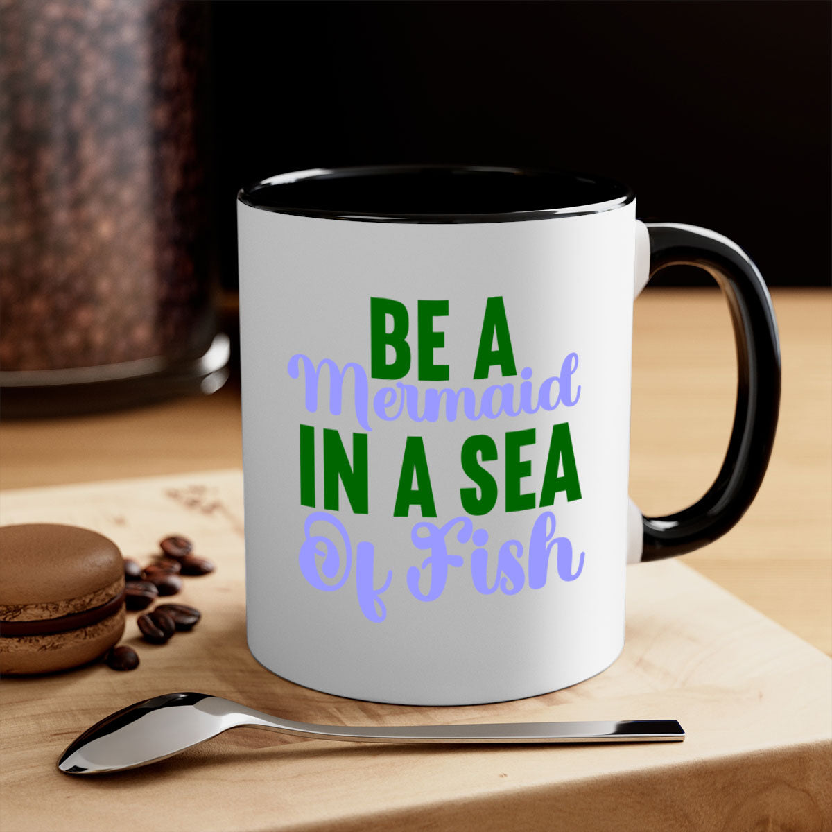 Be A Mermaid In A Sea Of Fish mug featuring a glossy finish, colored handle, and interior, available in five vibrant colors.