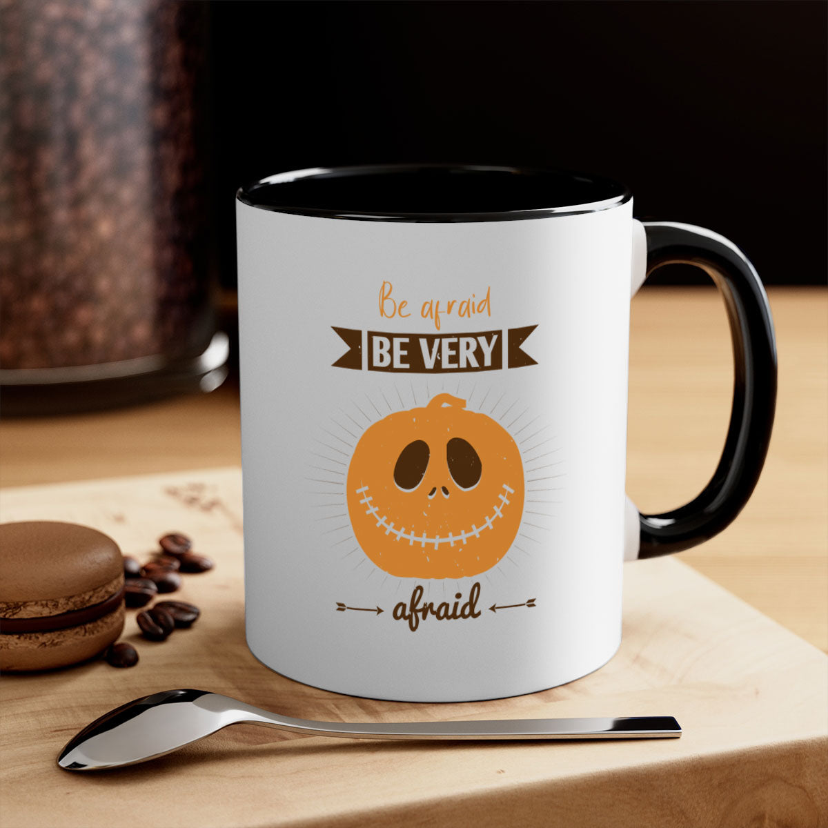 Be Afraid Be Very Afraid 151# Halloween Mug with colorful handle and glossy finish, perfect for coffee and tea lovers.