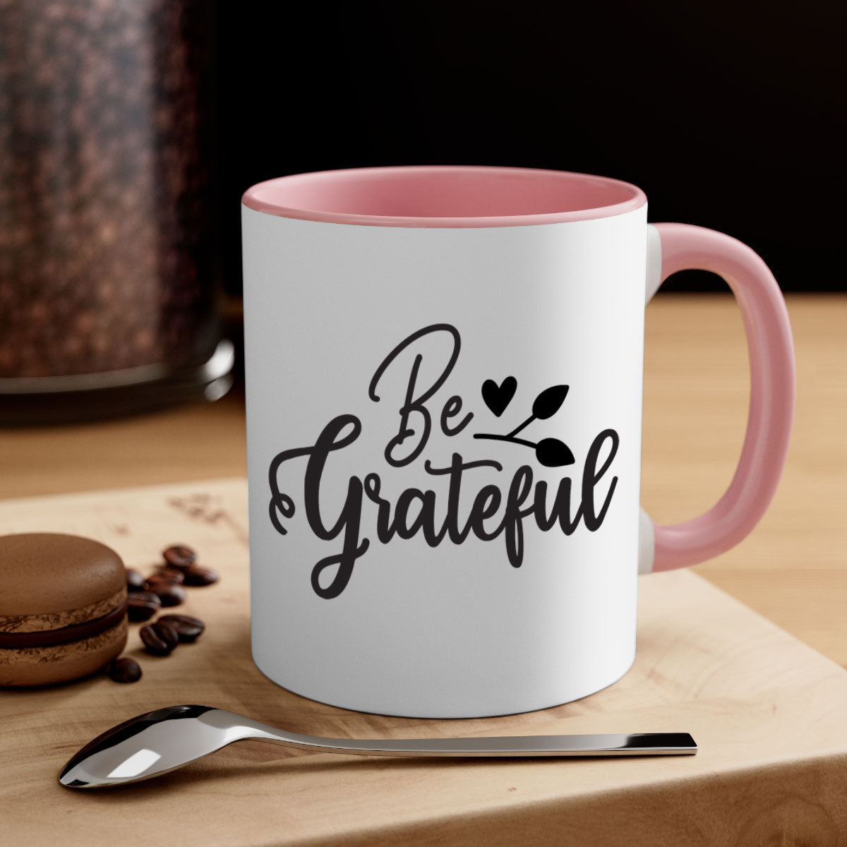 Be Grateful 3# Kitchen Mug with colorful handle and glossy finish, available in multiple colors and sizes.