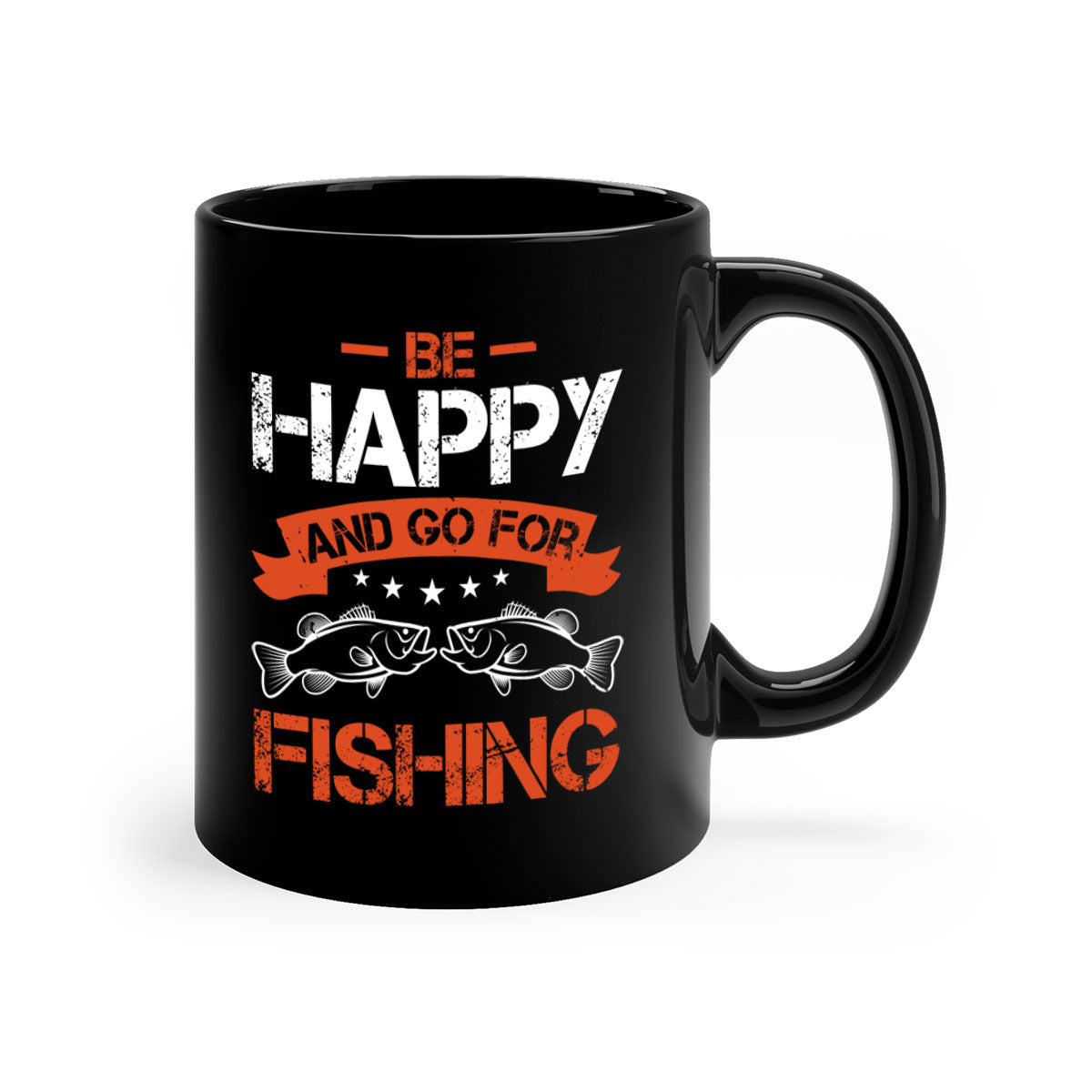 Be Happy and Go Fishing Mug with colorful handle and glossy finish, available in multiple colors and sizes.