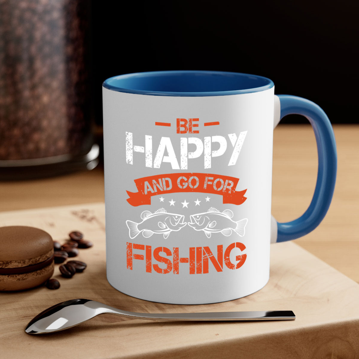 Be Happy and Go Fishing Mug with colorful handle and glossy finish, available in multiple colors and sizes.