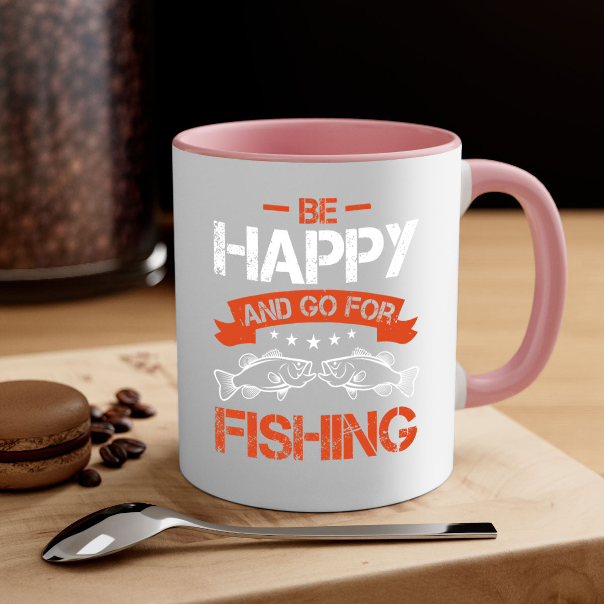 Be Happy and Go Fishing Mug with colorful handle and glossy finish, available in multiple colors and sizes.