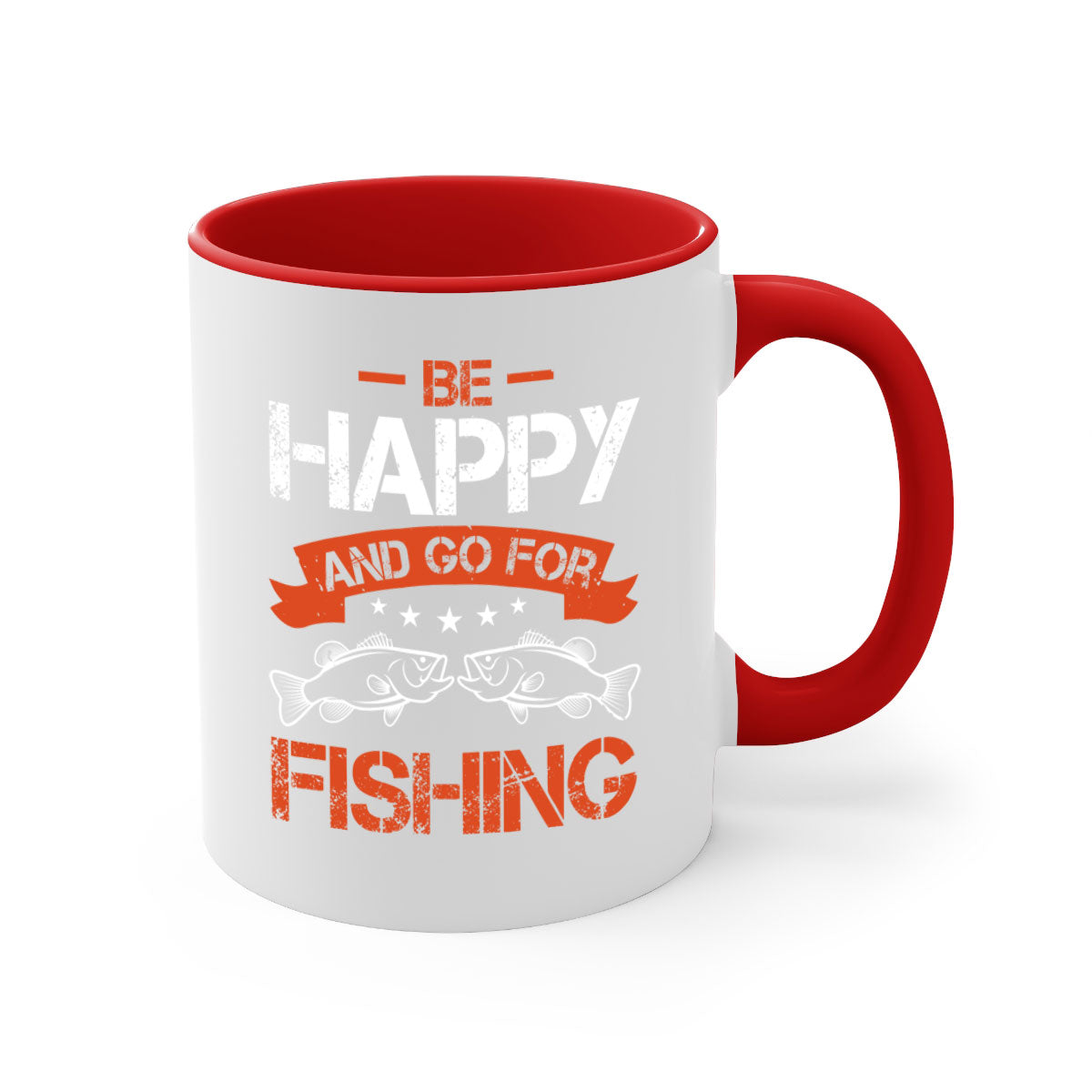 Be Happy and Go Fishing Mug with colorful handle and glossy finish, available in multiple colors and sizes.