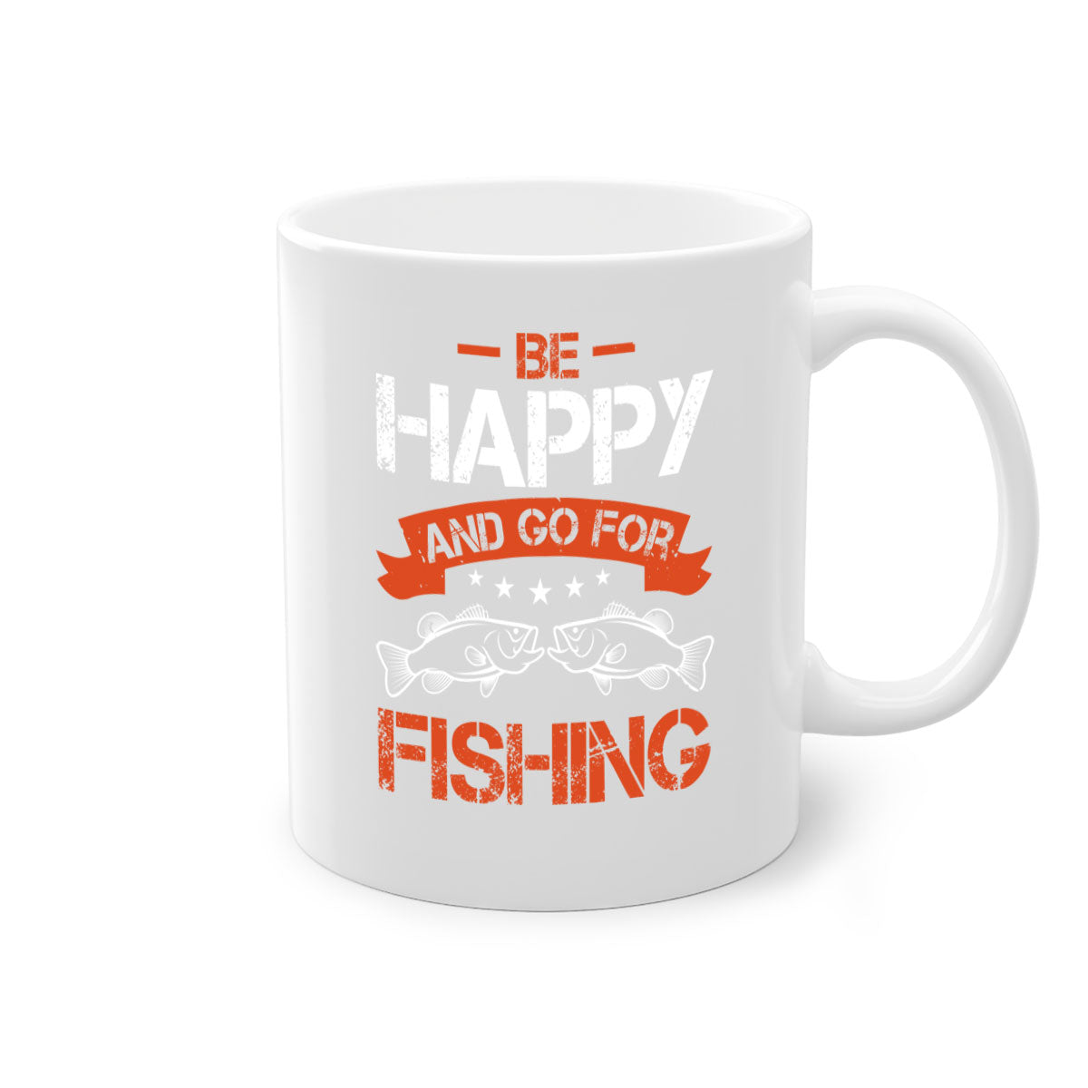 Be Happy and Go Fishing Mug with colorful handle and glossy finish, available in multiple colors and sizes.