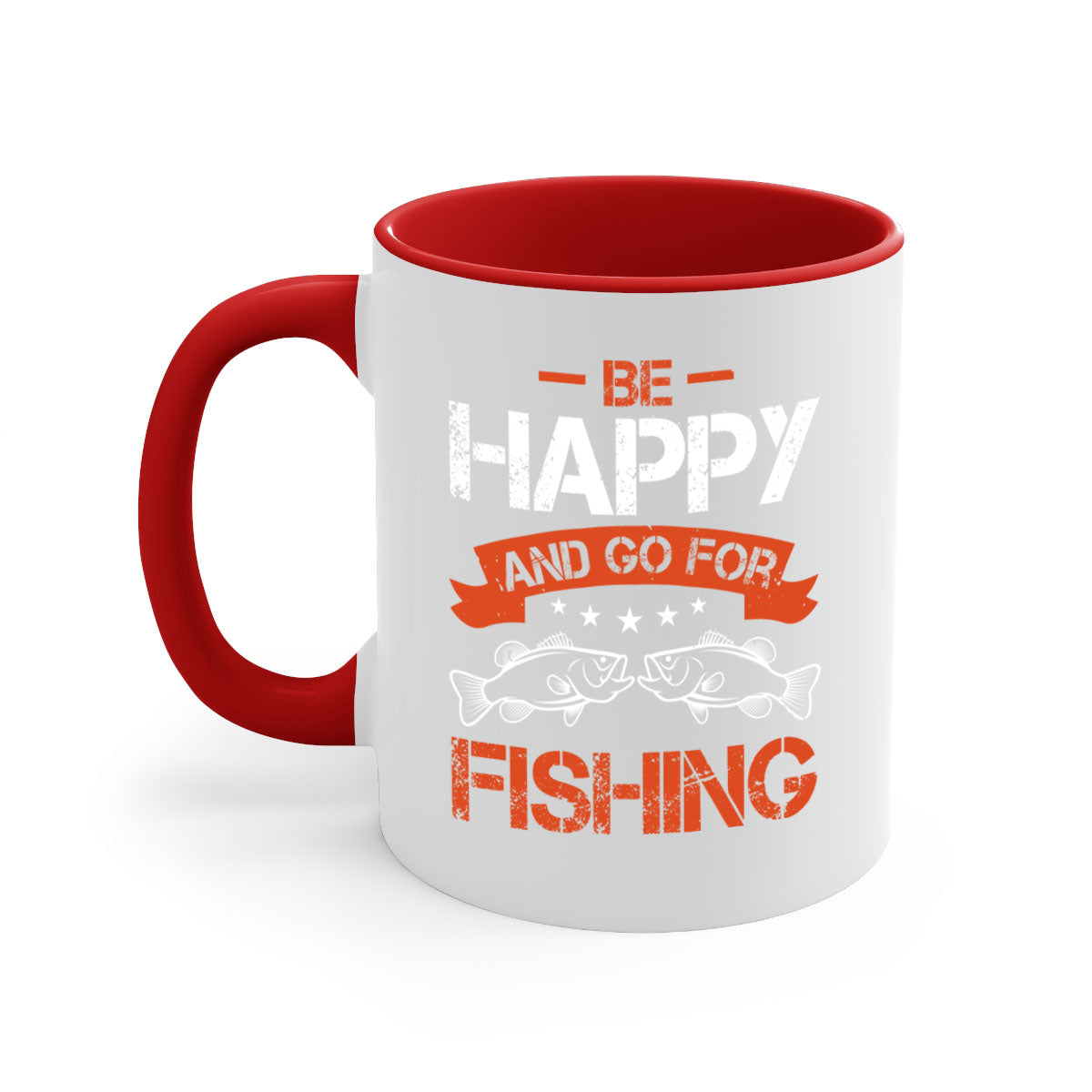 Be Happy and Go Fishing Mug with colorful handle and glossy finish, available in multiple colors and sizes.