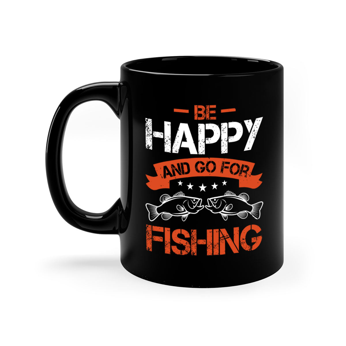 Be Happy and Go Fishing Mug with colorful handle and glossy finish, available in multiple colors and sizes.
