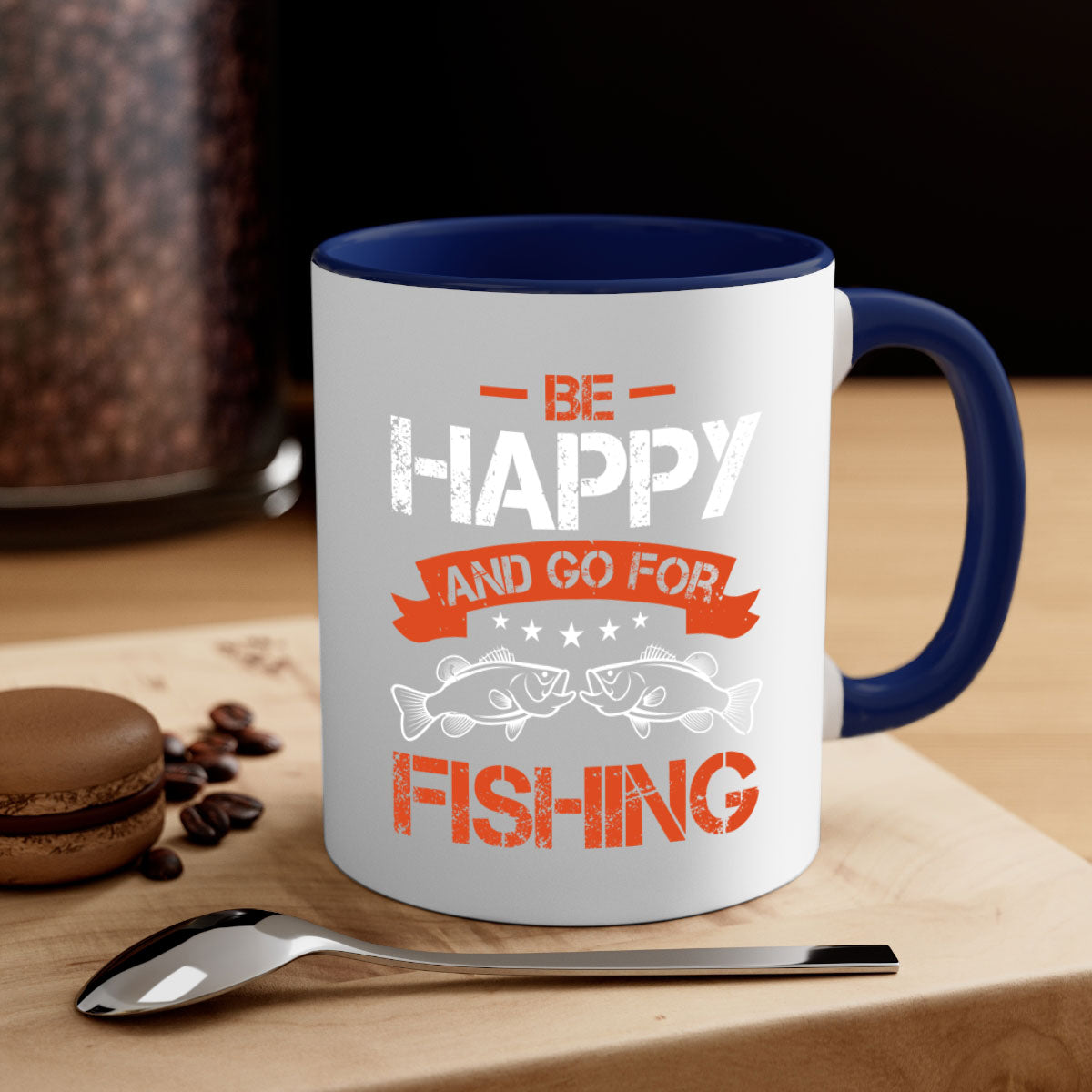 Be Happy and Go Fishing Mug with colorful handle and glossy finish, available in multiple colors and sizes.