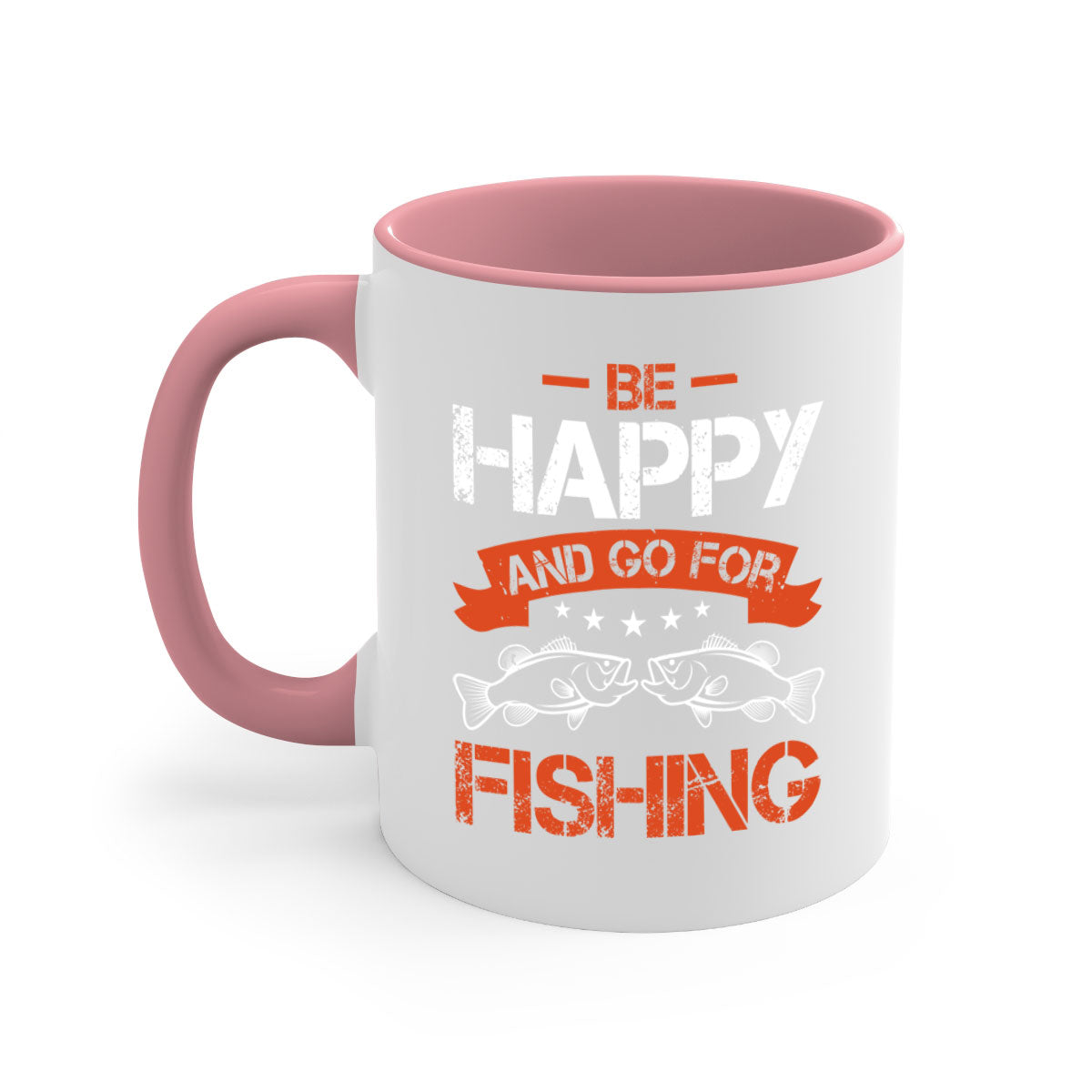 Be Happy and Go Fishing Mug with colorful handle and glossy finish, available in multiple colors and sizes.