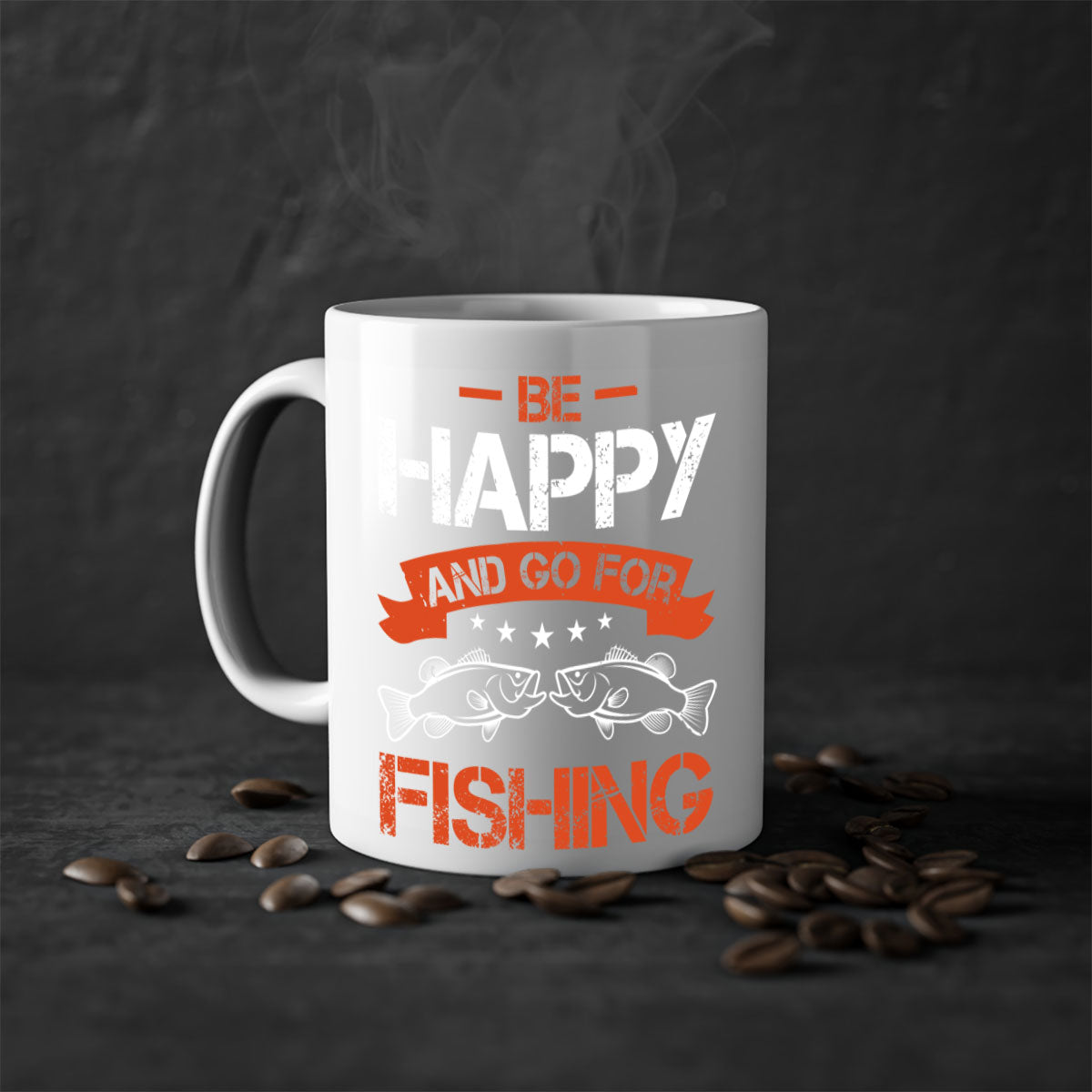 Be Happy and Go Fishing Mug with colorful handle and glossy finish, available in multiple colors and sizes.