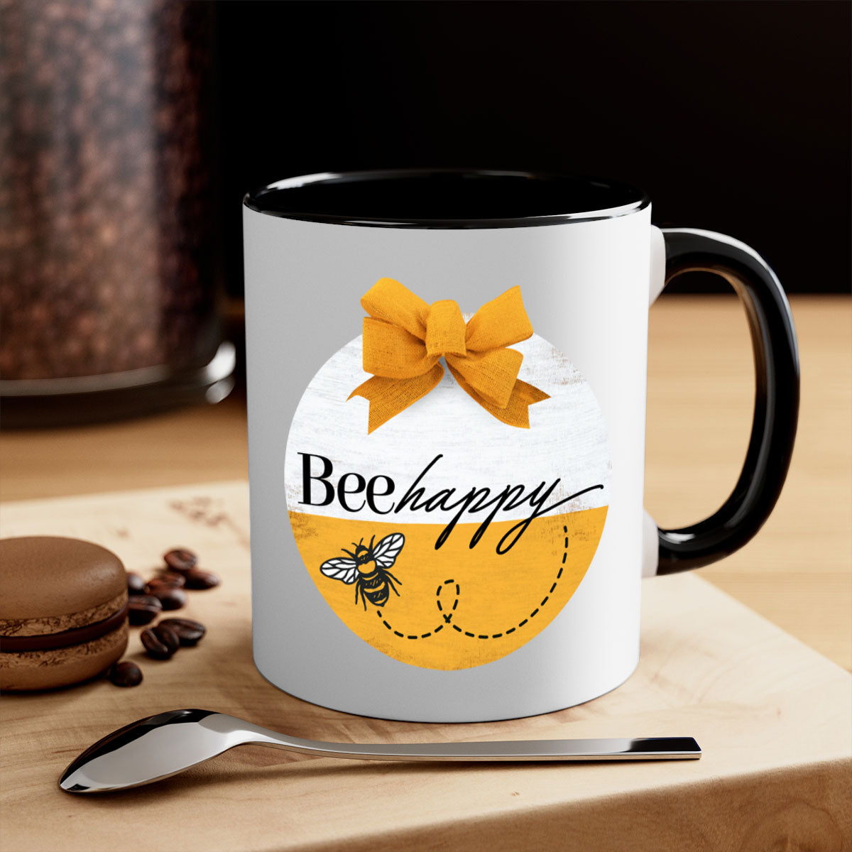 Bee Happy Mockup27# Mug featuring a two-tone design with a colored handle and glossy finish, available in multiple colors.