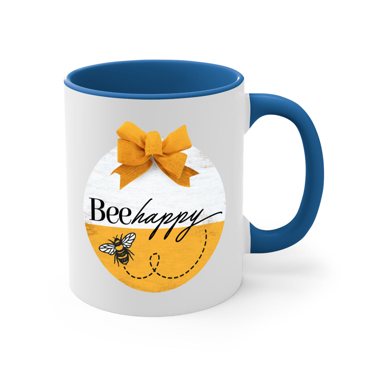 Bee Happy Mockup27# Mug featuring a two-tone design with a colored handle and glossy finish, available in multiple colors.
