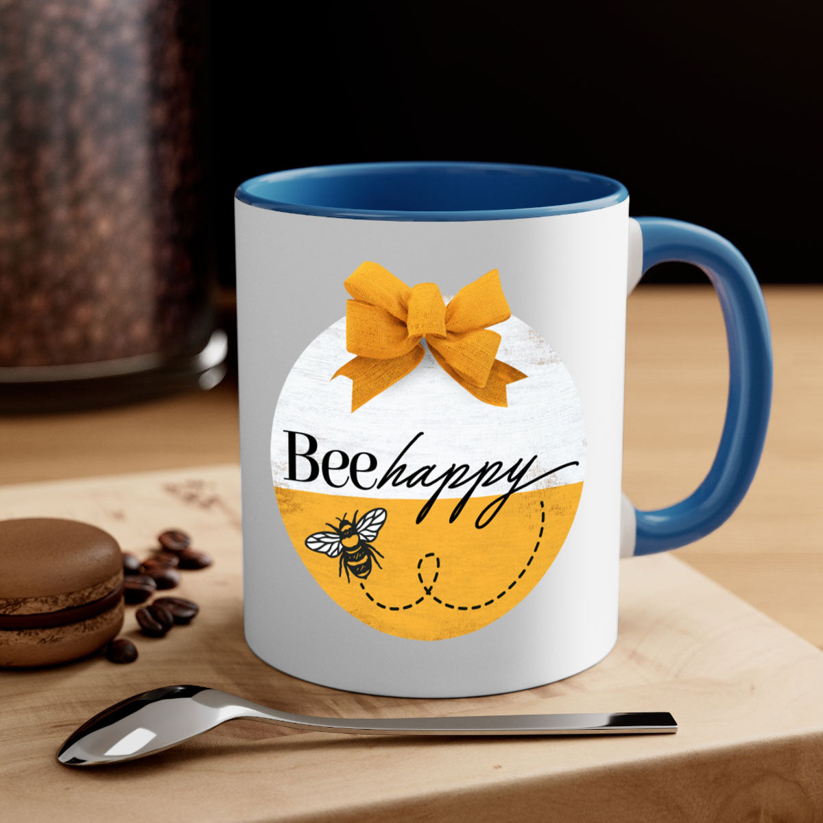 Bee Happy Mockup27# Mug featuring a two-tone design with a colored handle and glossy finish, available in multiple colors.