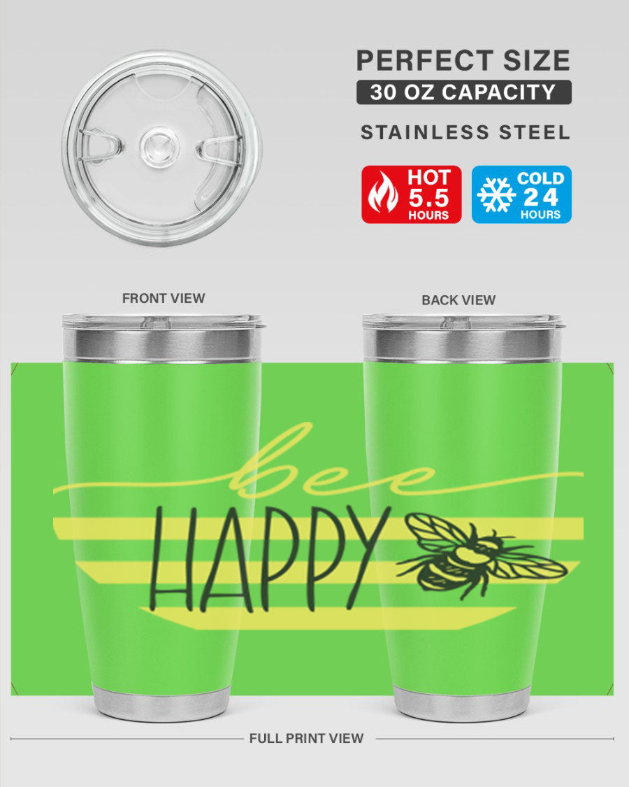 Bee Happy yellow stripes tumbler with a vibrant design, made from stainless steel, featuring a drink-thru lid and double wall insulation.