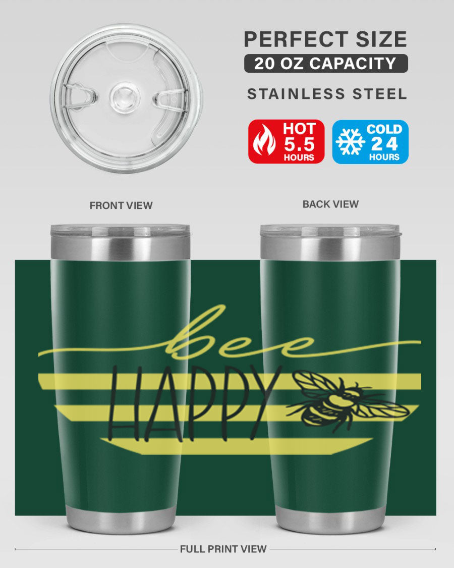 Bee Happy yellow stripes tumbler with a vibrant design, made from stainless steel, featuring a drink-thru lid and double wall insulation.
