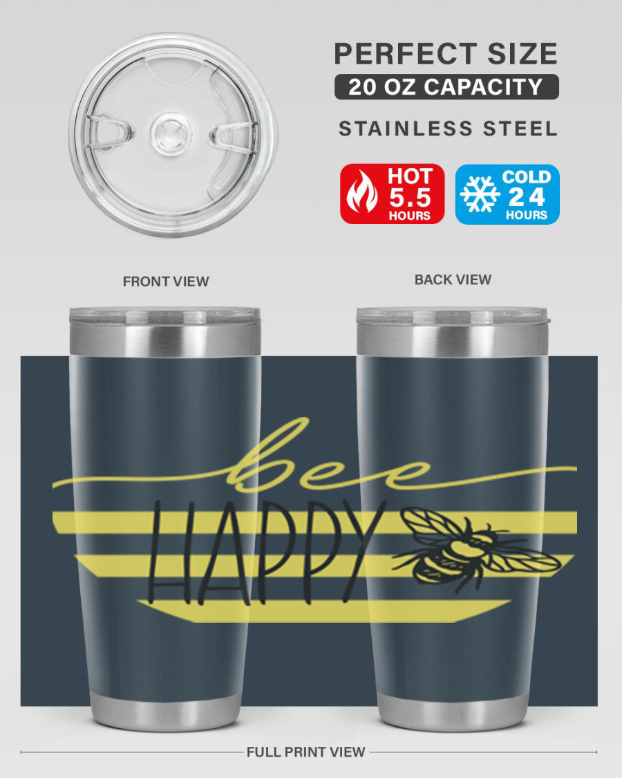 Bee Happy yellow stripes tumbler with a vibrant design, made from stainless steel, featuring a drink-thru lid and double wall insulation.