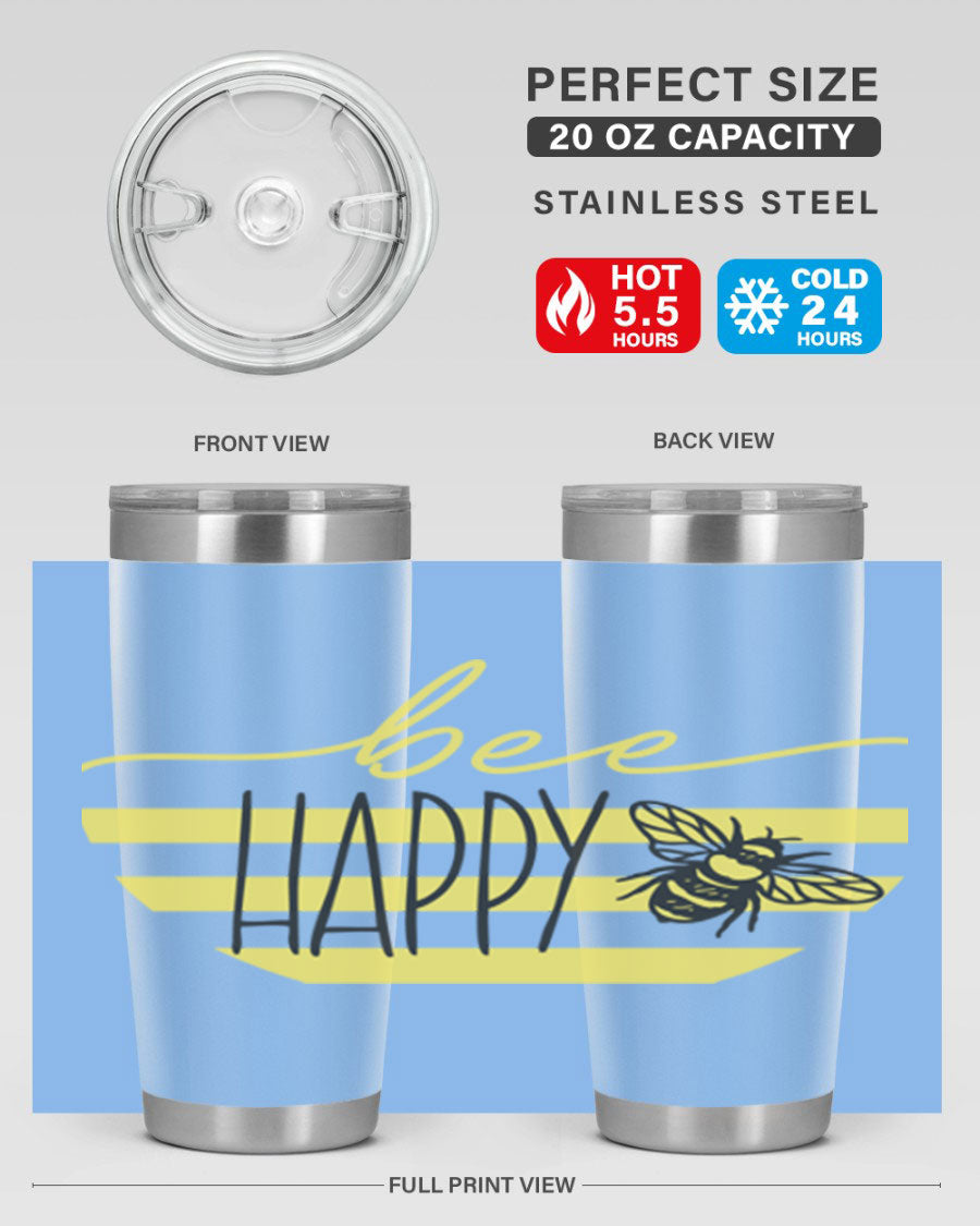 Bee Happy yellow stripes tumbler with a vibrant design, made from stainless steel, featuring a drink-thru lid and double wall insulation.