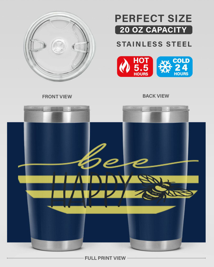 Bee Happy yellow stripes tumbler with a vibrant design, made from stainless steel, featuring a drink-thru lid and double wall insulation.