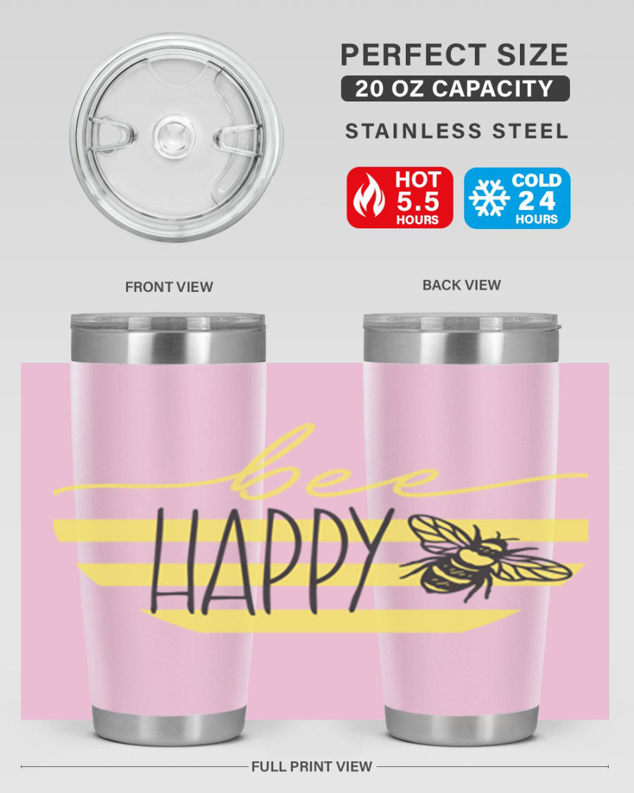 Bee Happy yellow stripes tumbler with a vibrant design, made from stainless steel, featuring a drink-thru lid and double wall insulation.
