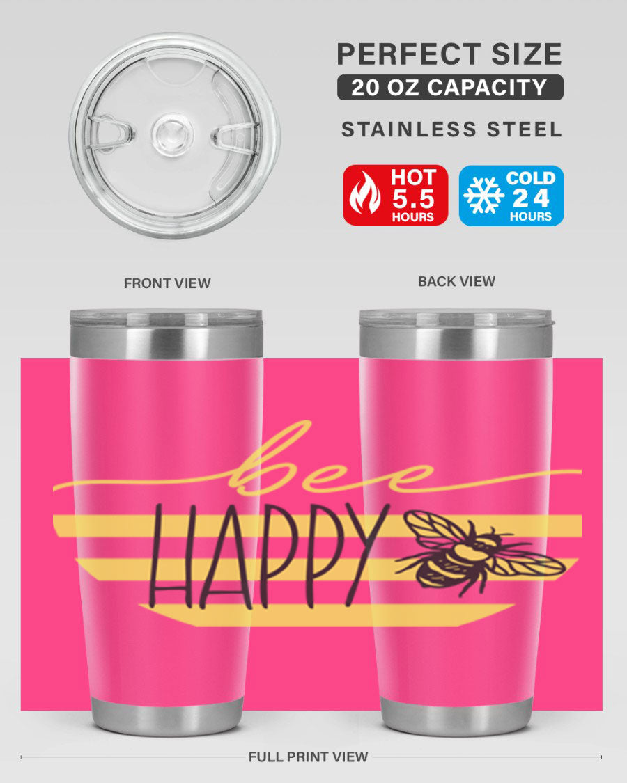 Bee Happy yellow stripes tumbler with a vibrant design, made from stainless steel, featuring a drink-thru lid and double wall insulation.