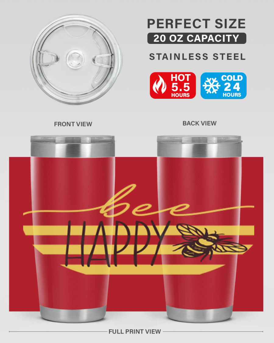 Bee Happy yellow stripes tumbler with a vibrant design, made from stainless steel, featuring a drink-thru lid and double wall insulation.