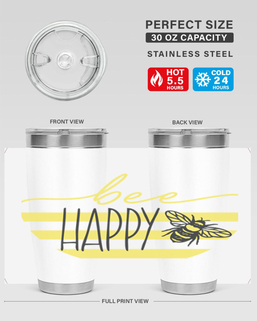 Bee Happy yellow stripes tumbler with a vibrant design, made from stainless steel, featuring a drink-thru lid and double wall insulation.