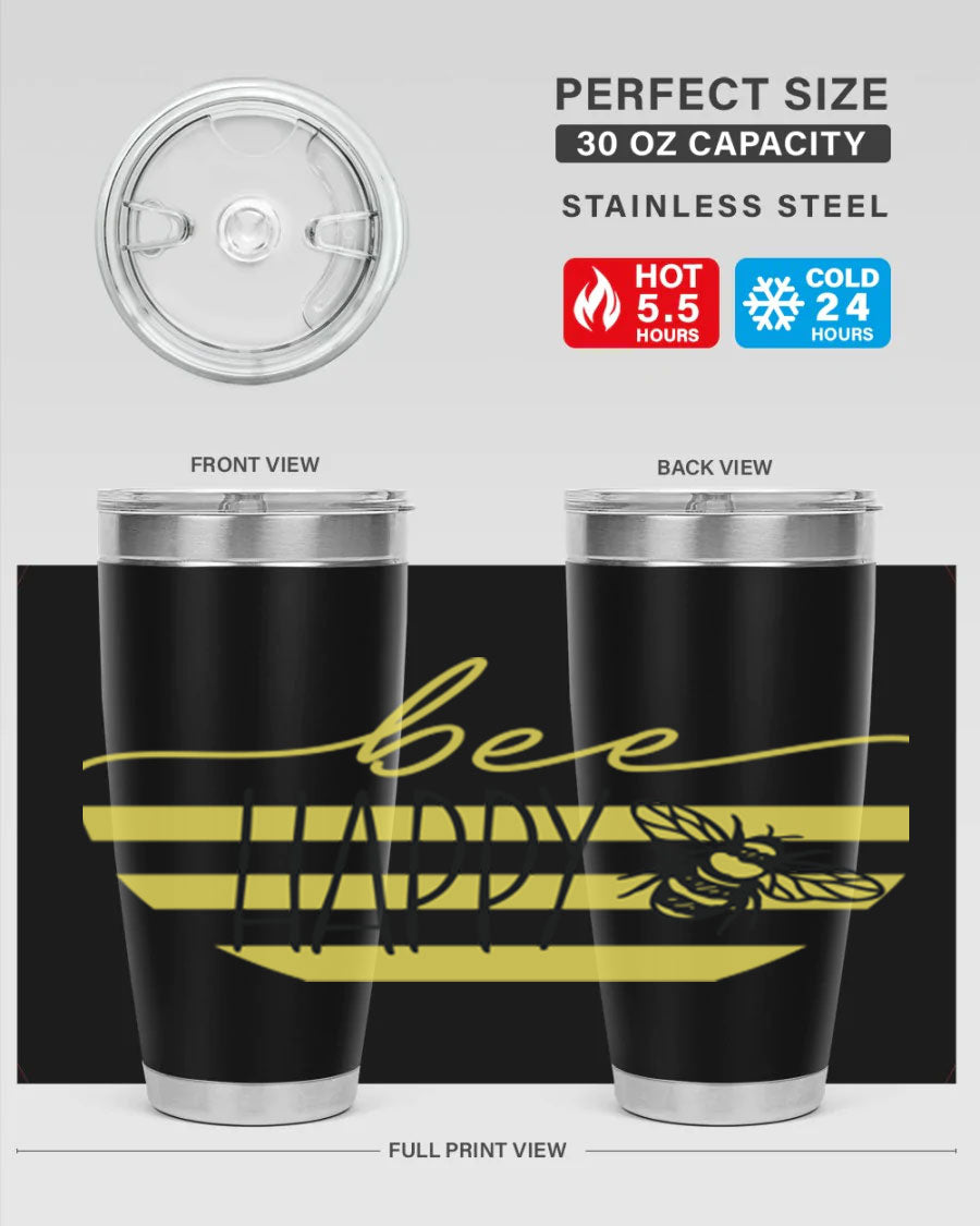 Bee Happy yellow stripes tumbler with a vibrant design, made from stainless steel, featuring a drink-thru lid and double wall insulation.