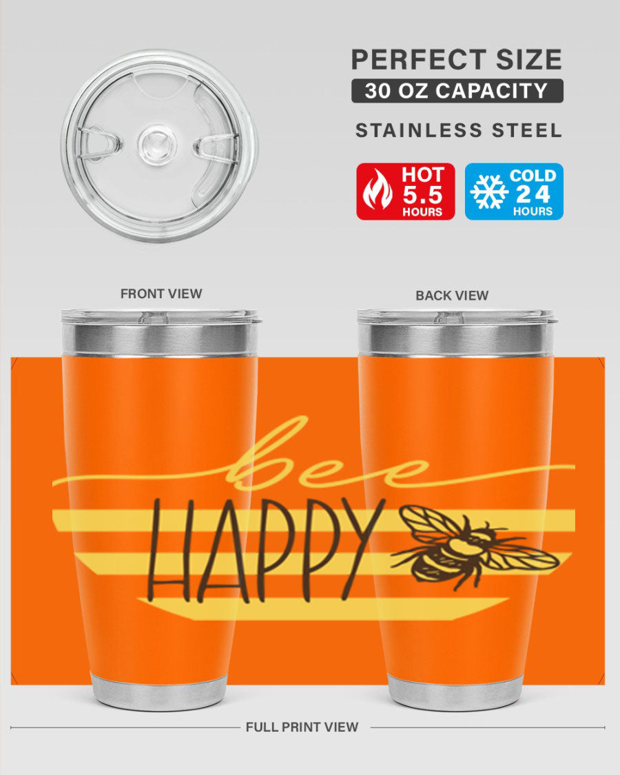 Bee Happy yellow stripes tumbler with a vibrant design, made from stainless steel, featuring a drink-thru lid and double wall insulation.