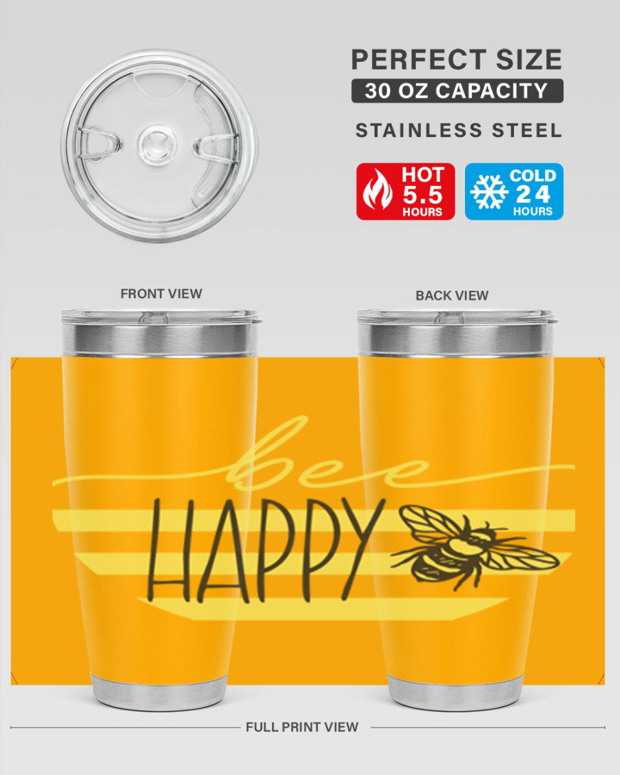 Bee Happy yellow stripes tumbler with a vibrant design, made from stainless steel, featuring a drink-thru lid and double wall insulation.