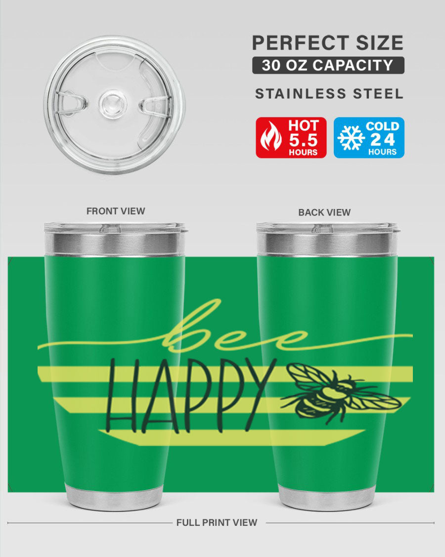 Bee Happy yellow stripes tumbler with a vibrant design, made from stainless steel, featuring a drink-thru lid and double wall insulation.