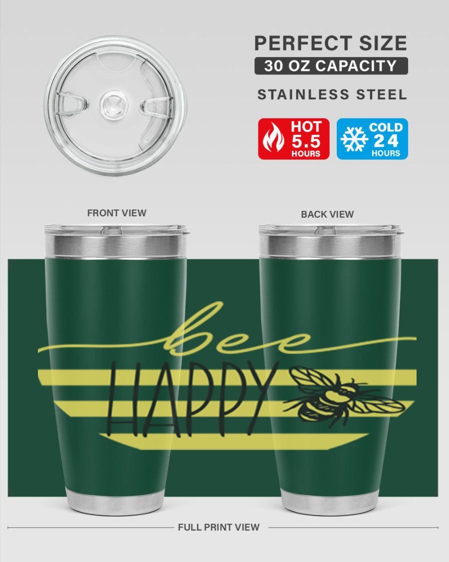 Bee Happy yellow stripes tumbler with a vibrant design, made from stainless steel, featuring a drink-thru lid and double wall insulation.