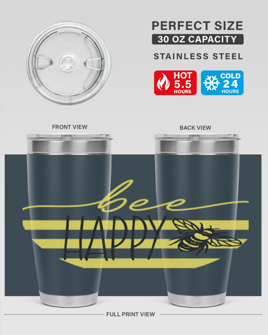 Bee Happy yellow stripes tumbler with a vibrant design, made from stainless steel, featuring a drink-thru lid and double wall insulation.