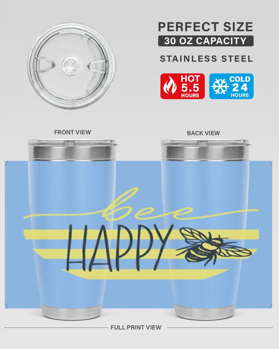 Bee Happy yellow stripes tumbler with a vibrant design, made from stainless steel, featuring a drink-thru lid and double wall insulation.
