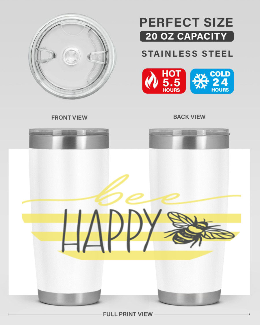 Bee Happy yellow stripes tumbler with a vibrant design, made from stainless steel, featuring a drink-thru lid and double wall insulation.