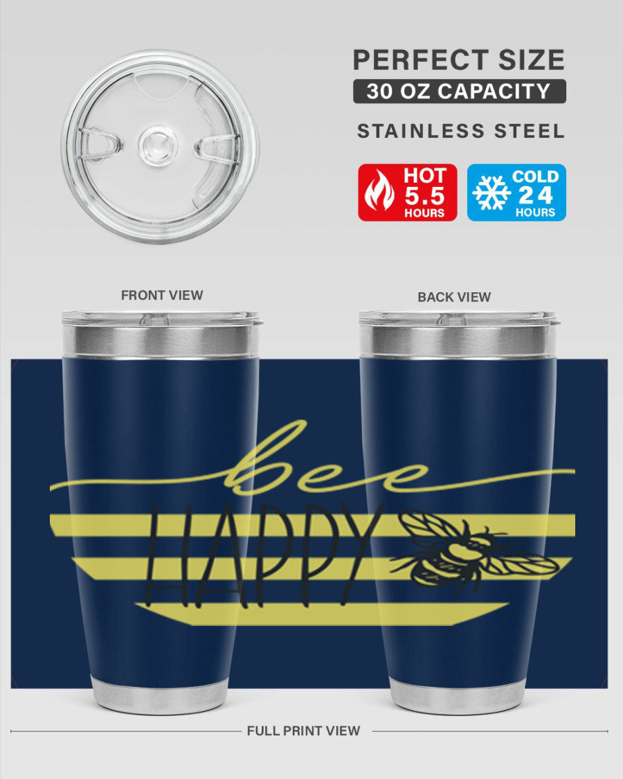 Bee Happy yellow stripes tumbler with a vibrant design, made from stainless steel, featuring a drink-thru lid and double wall insulation.