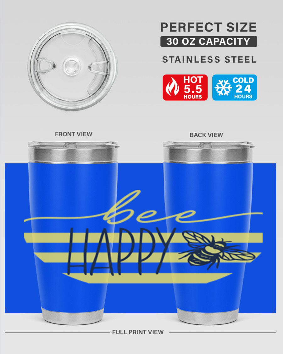 Bee Happy yellow stripes tumbler with a vibrant design, made from stainless steel, featuring a drink-thru lid and double wall insulation.
