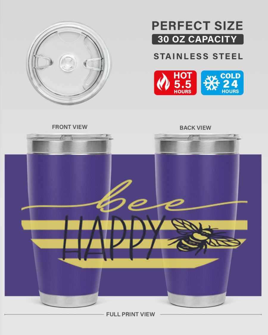 Bee Happy yellow stripes tumbler with a vibrant design, made from stainless steel, featuring a drink-thru lid and double wall insulation.