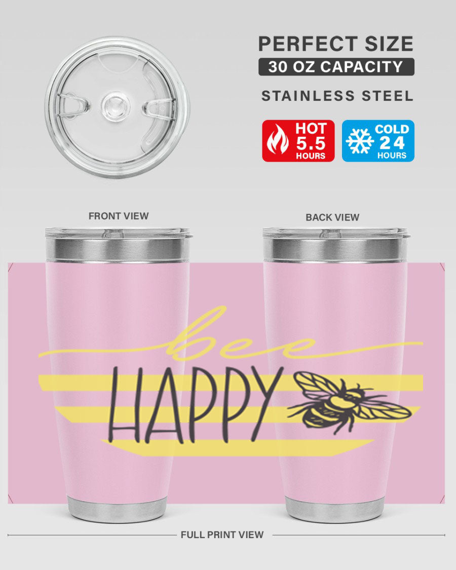 Bee Happy yellow stripes tumbler with a vibrant design, made from stainless steel, featuring a drink-thru lid and double wall insulation.