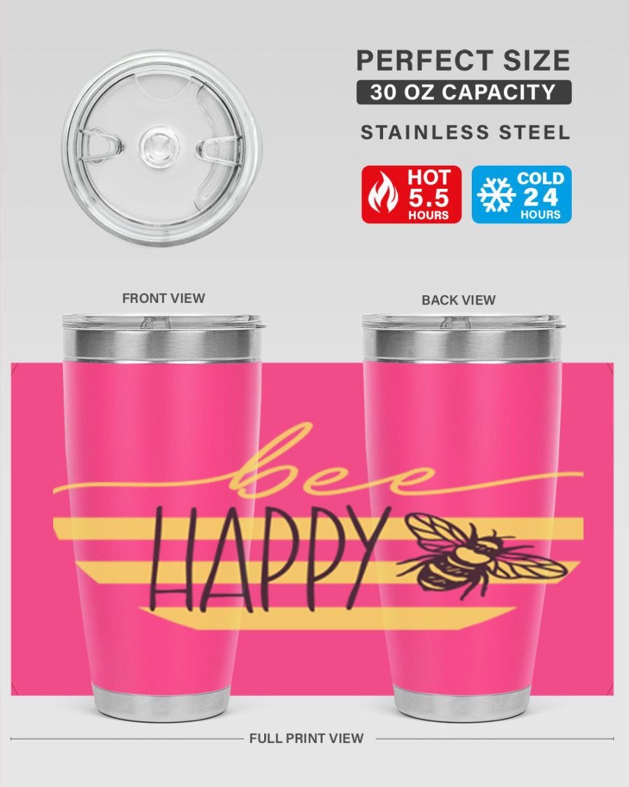 Bee Happy yellow stripes tumbler with a vibrant design, made from stainless steel, featuring a drink-thru lid and double wall insulation.