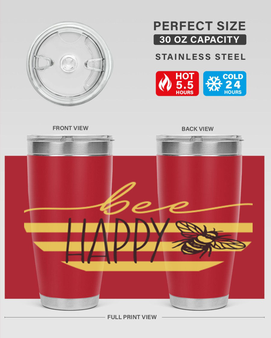 Bee Happy yellow stripes tumbler with a vibrant design, made from stainless steel, featuring a drink-thru lid and double wall insulation.