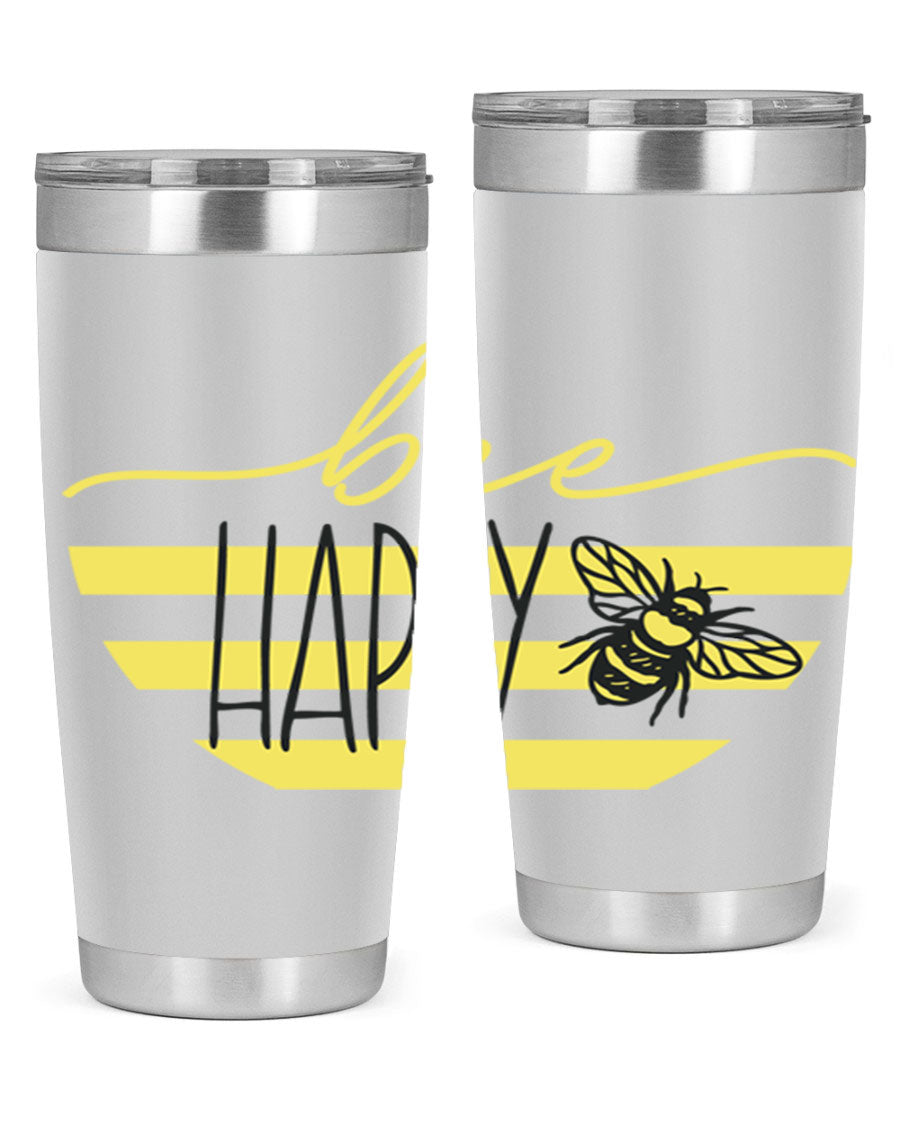 Bee Happy yellow stripes tumbler with a vibrant design, made from stainless steel, featuring a drink-thru lid and double wall insulation.