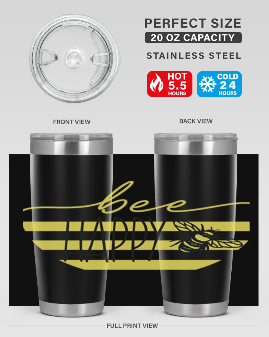 Bee Happy yellow stripes tumbler with a vibrant design, made from stainless steel, featuring a drink-thru lid and double wall insulation.