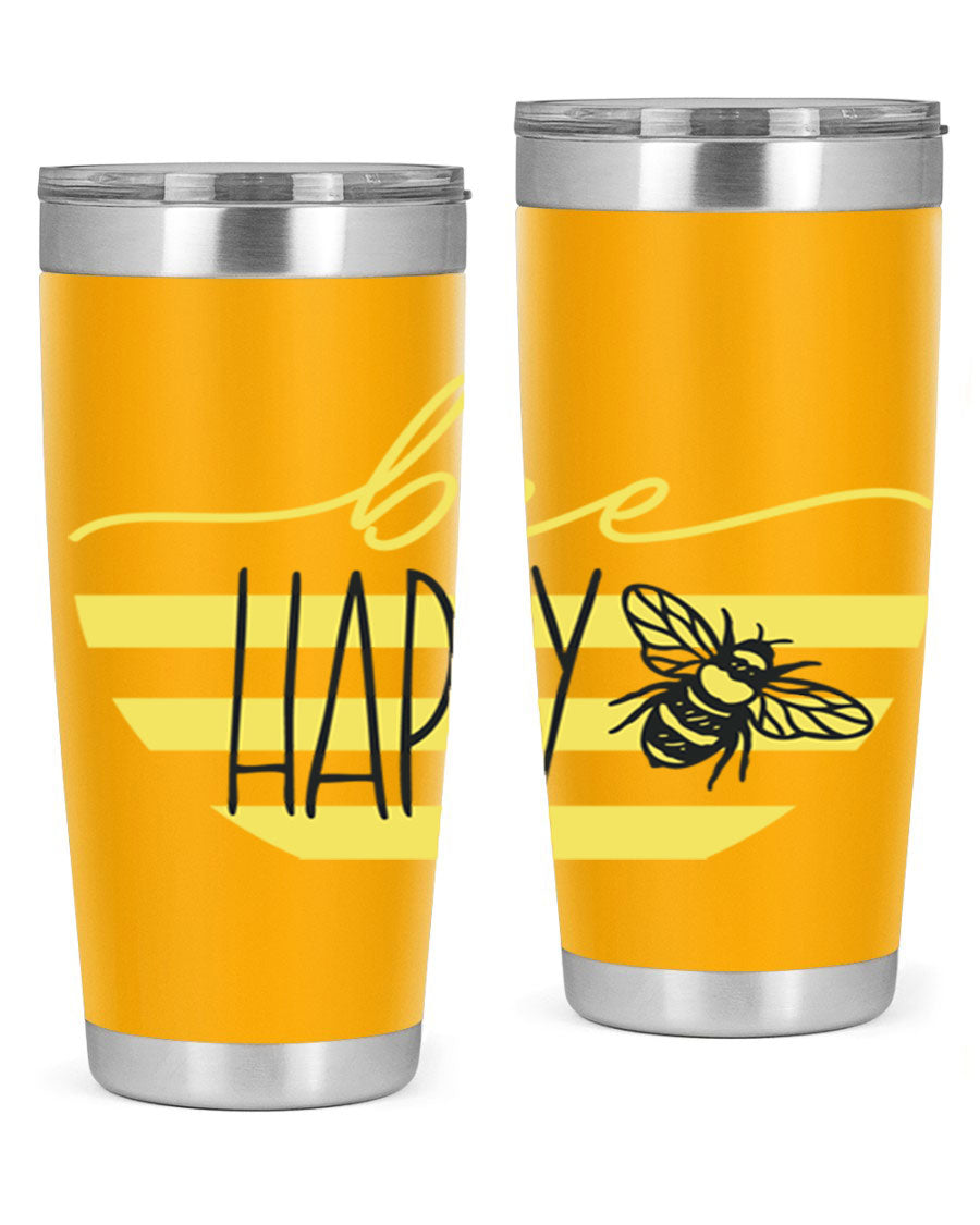 Bee Happy yellow stripes tumbler with a vibrant design, made from stainless steel, featuring a drink-thru lid and double wall insulation.