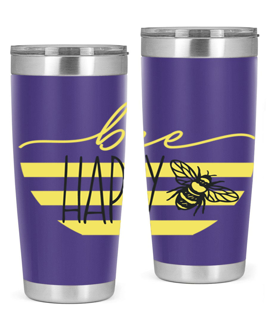 Bee Happy yellow stripes tumbler with a vibrant design, made from stainless steel, featuring a drink-thru lid and double wall insulation.