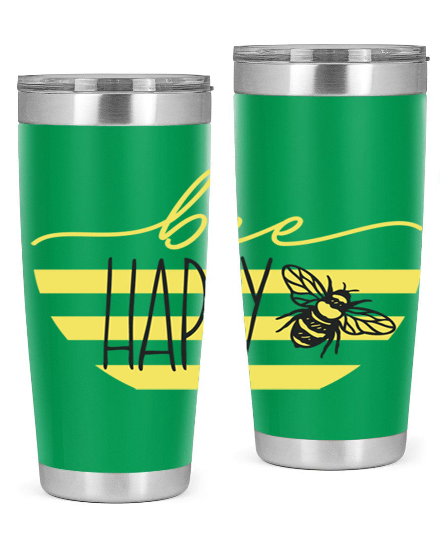 Bee Happy yellow stripes tumbler with a vibrant design, made from stainless steel, featuring a drink-thru lid and double wall insulation.