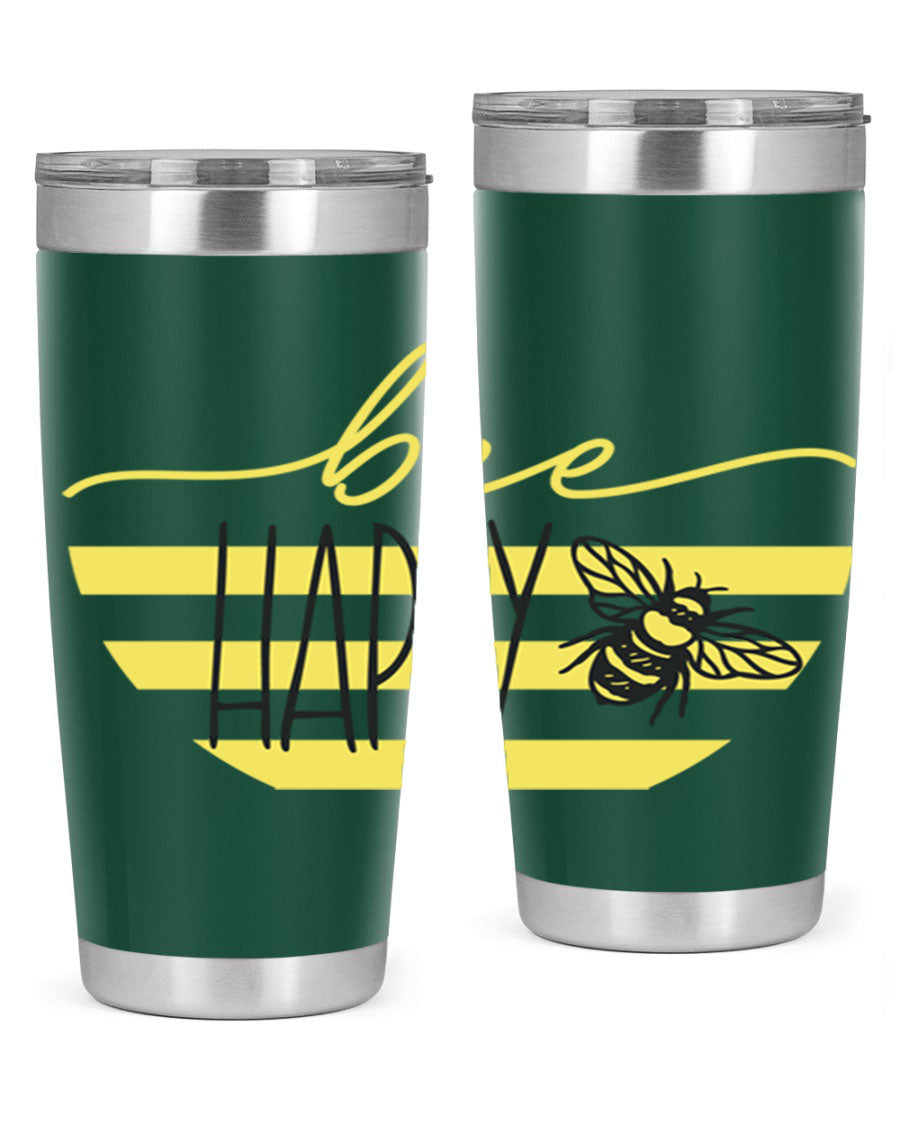 Bee Happy yellow stripes tumbler with a vibrant design, made from stainless steel, featuring a drink-thru lid and double wall insulation.