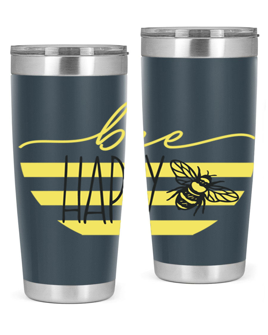 Bee Happy yellow stripes tumbler with a vibrant design, made from stainless steel, featuring a drink-thru lid and double wall insulation.