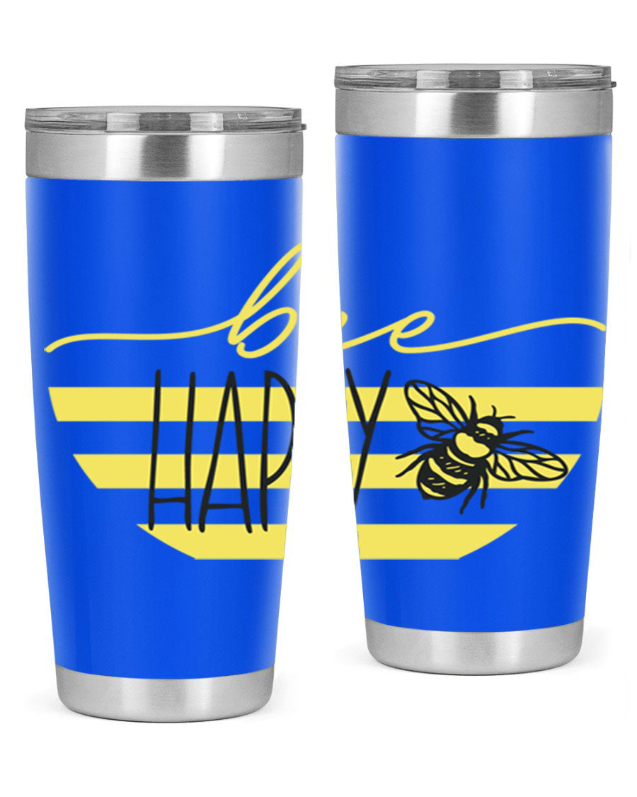 Bee Happy yellow stripes tumbler with a vibrant design, made from stainless steel, featuring a drink-thru lid and double wall insulation.