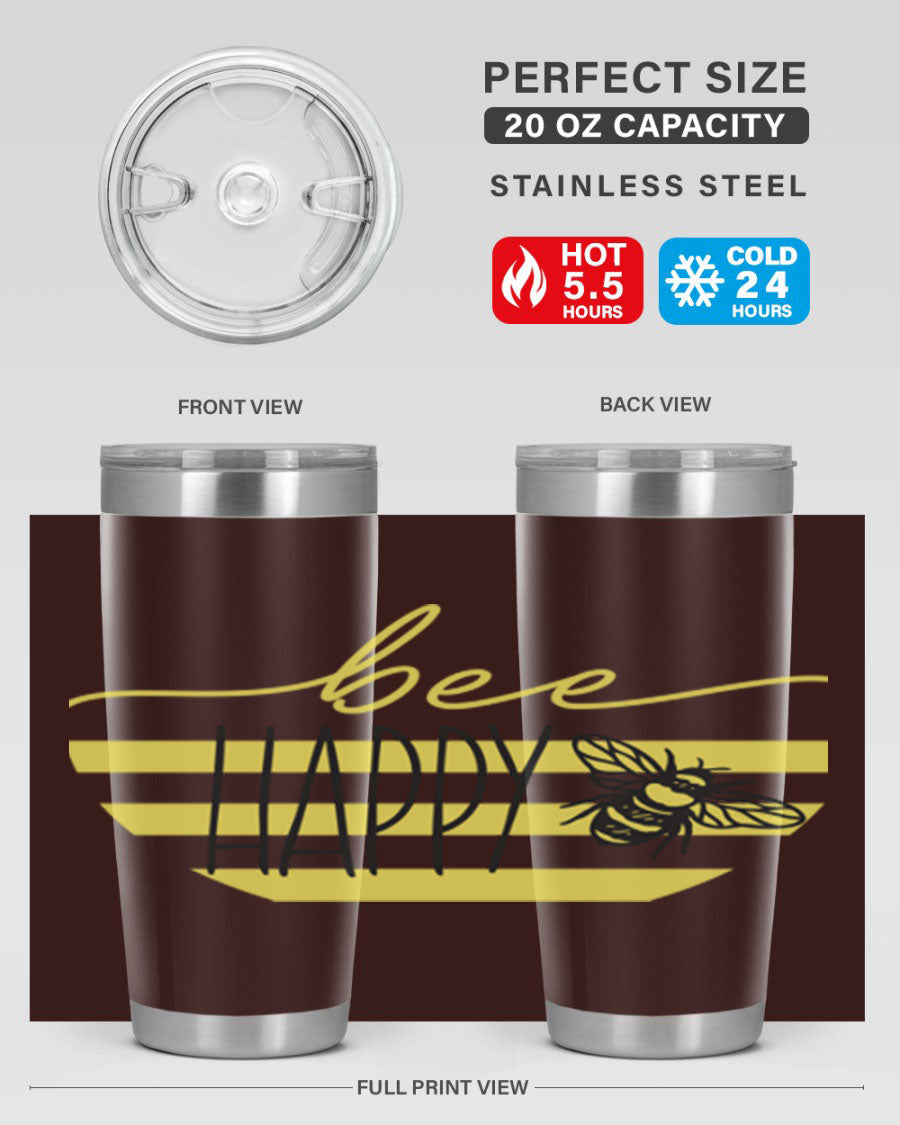 Bee Happy yellow stripes tumbler with a vibrant design, made from stainless steel, featuring a drink-thru lid and double wall insulation.