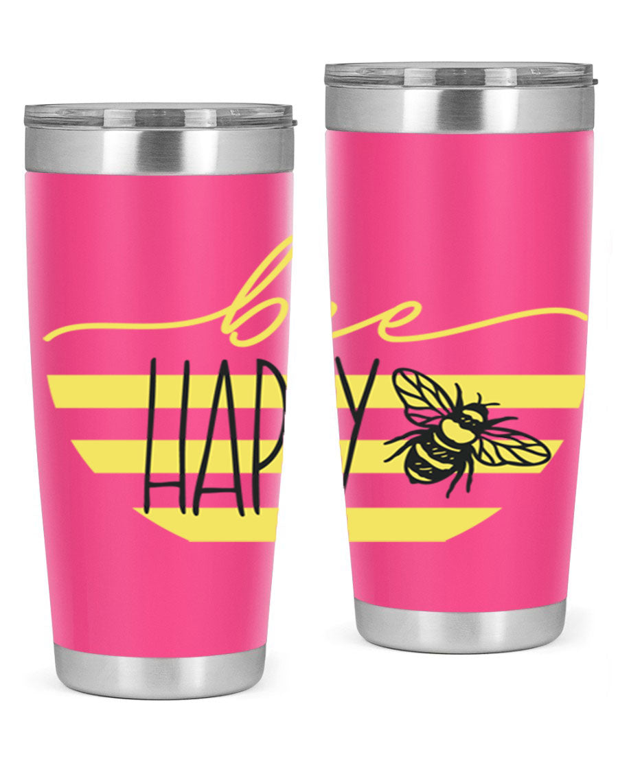 Bee Happy yellow stripes tumbler with a vibrant design, made from stainless steel, featuring a drink-thru lid and double wall insulation.